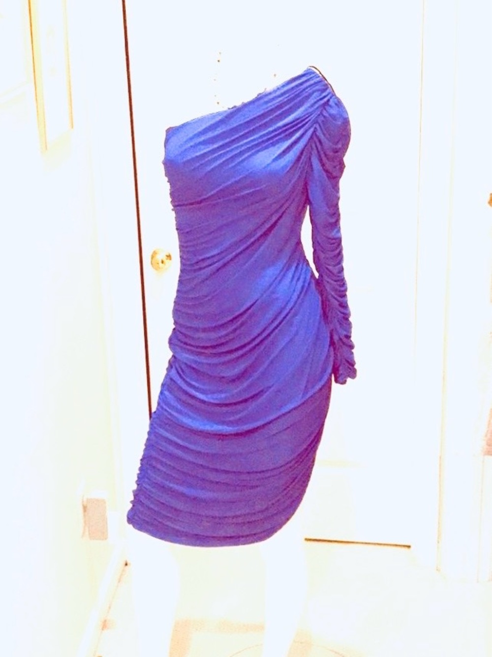 Blue bodycon 1 shoulder cocktail dress long sleeve mini zippered Petite Vintage